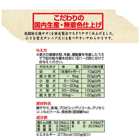 ペティオPetio犬用おやつちぎり笹身ササミ鶏肉小型犬シニア犬低脂肪国産は無着色仕上げ