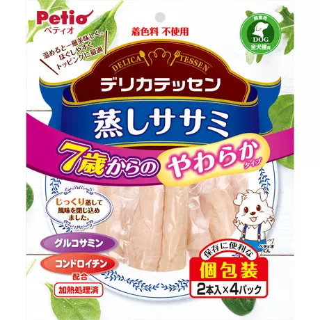ペティオPetio犬用おやつデリカテッセン蒸しササミ7歳からのやわらか健康ケアシニア犬老犬向けにもトッピングはたん白質豊富な鶏ササミを使用